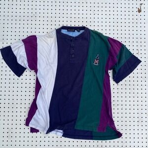 New River Color Block Crewneck Henley Shirt Short Sleeve Embroidered Logo Mens M